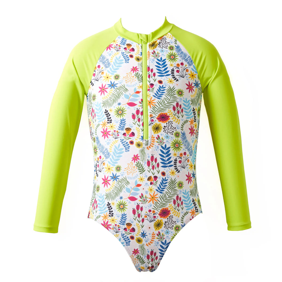 Girls Swimming Costume with Long Sleeves - Jungle Paradise Lime